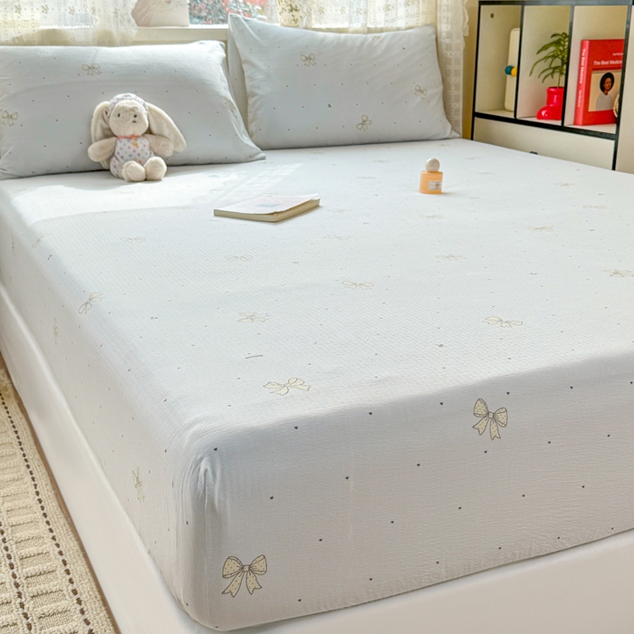 91家纺网 家纺一手货源 找家纺 丝芙妮家居 2026春夏新款皱皱棉双层纱泡芙棉床笠 床笠单件 云蝶-兰