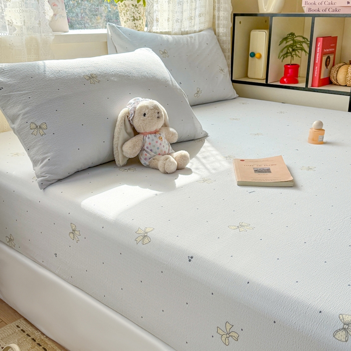 91家纺网 家纺一手货源 找家纺 丝芙妮家居 2026春夏新款皱皱棉双层纱泡芙棉床笠 床笠单件 云蝶-兰