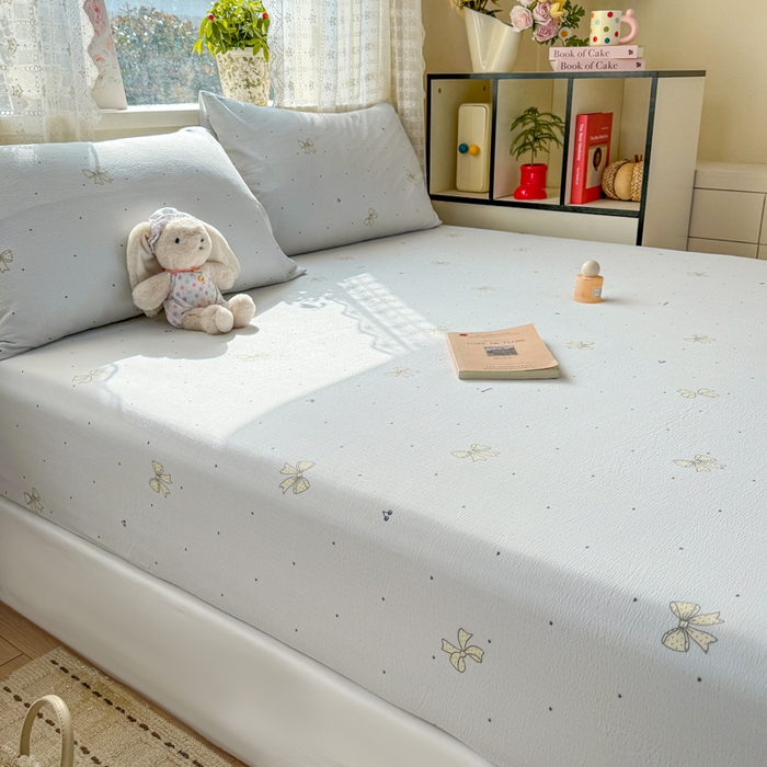 91家纺网 家纺一手货源 找家纺 丝芙妮家居 2026春夏新款皱皱棉双层纱泡芙棉床笠 床笠单件 云蝶-兰