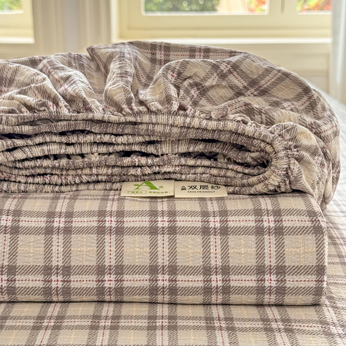 91家纺网 家纺一手货源 找家纺 丝芙妮家居 2026春夏新款皱皱棉双层纱泡芙棉床笠 床笠单件 组合图仅供展示不可下单