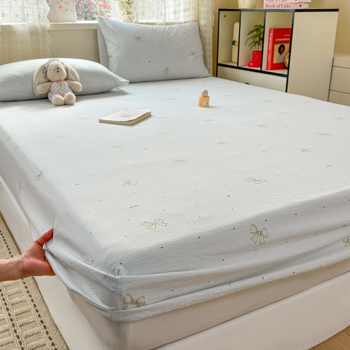 91家纺网 家纺一手货源 找家纺 丝芙妮家居 2026春夏新款皱皱棉双层纱泡芙棉床笠 床笠单件 云蝶-兰