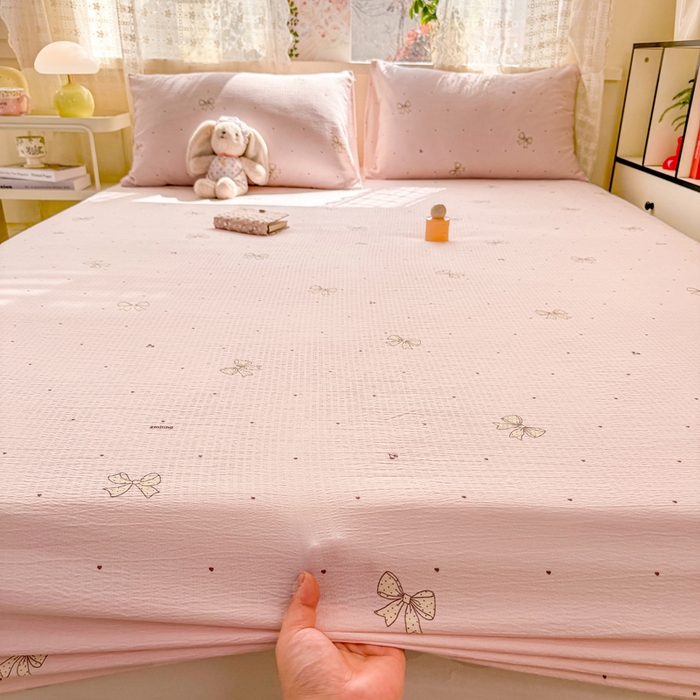 91家纺网 家纺一手货源 找家纺 丝芙妮家居 2026春夏新款皱皱棉双层纱泡芙棉床笠 床笠单件 云蝶-粉