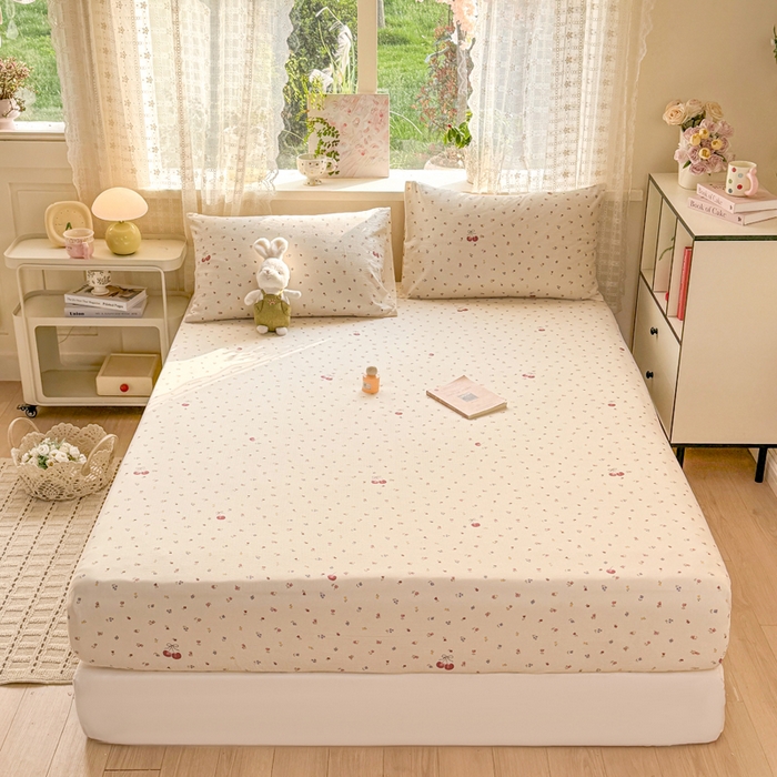 91家纺网 家纺一手货源 找家纺 丝芙妮家居 2026春夏新款皱皱棉双层纱泡芙棉床笠 床笠单件 樱桃