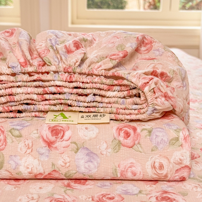 91家纺网 家纺一手货源 找家纺 丝芙妮家居 2026春夏新款皱皱棉双层纱泡芙棉床笠 床笠单件 组合图仅供展示不可下单