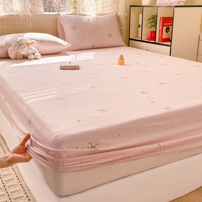 91家纺网 家纺一手货源 找家纺 丝芙妮家居 2026春夏新款皱皱棉双层纱泡芙棉床笠 床笠单件 云蝶-粉