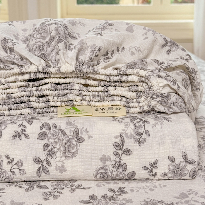 91家纺网 家纺一手货源 找家纺 丝芙妮家居 2026春夏新款皱皱棉双层纱泡芙棉床笠 床笠单件 组合图仅供展示不可下单