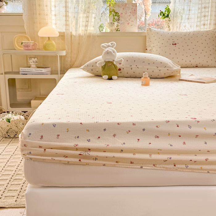 91家纺网 家纺一手货源 找家纺 丝芙妮家居 2026春夏新款皱皱棉双层纱泡芙棉床笠 床笠单件 樱桃