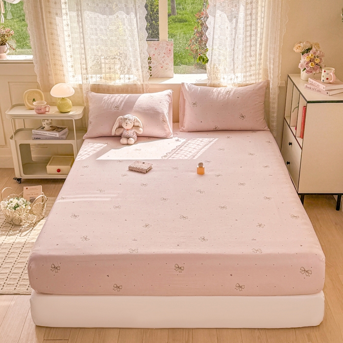 91家纺网 家纺一手货源 找家纺 丝芙妮家居 2026春夏新款皱皱棉双层纱泡芙棉床笠 床笠单件 云蝶-粉