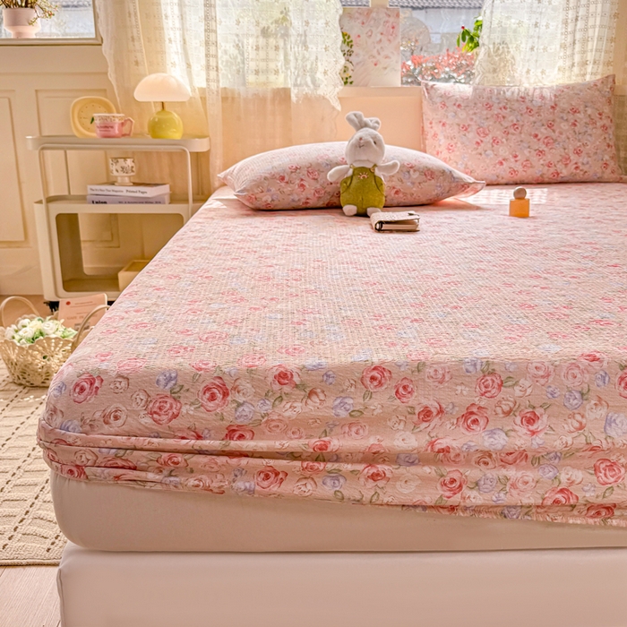 91家纺网 家纺一手货源 找家纺 丝芙妮家居 2026春夏新款皱皱棉双层纱泡芙棉床笠 床笠单件 花簇