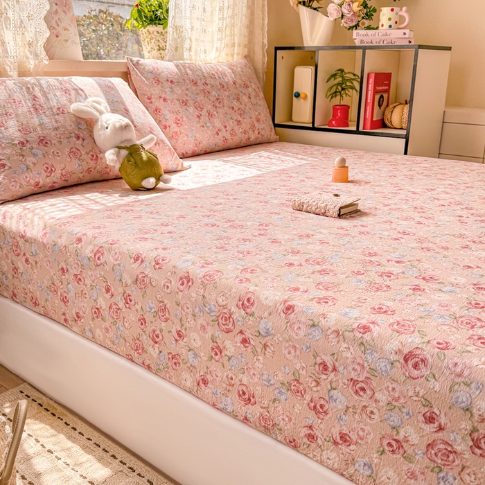 91家纺网 家纺一手货源 找家纺 丝芙妮家居 2026春夏新款皱皱棉双层纱泡芙棉床笠 床笠单件 花簇