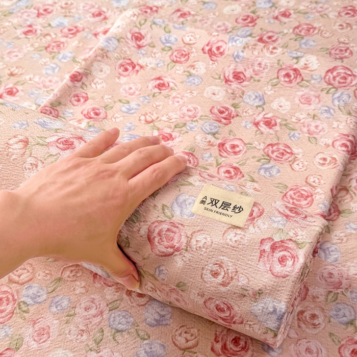 91家纺网 家纺一手货源 找家纺 丝芙妮家居 2026春夏新款皱皱棉双层纱泡芙棉床笠 床笠单件 花簇