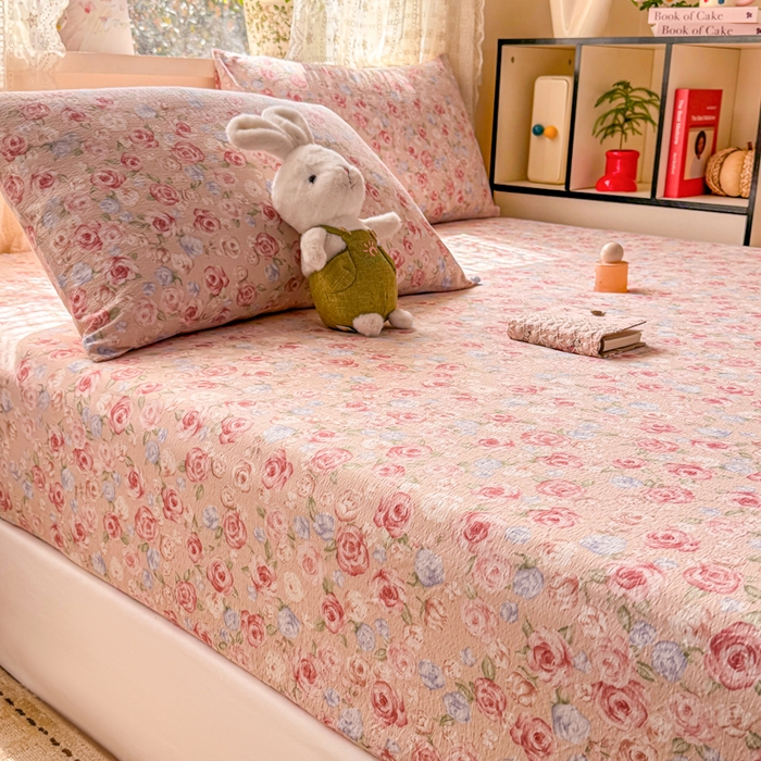 91家纺网 家纺一手货源 找家纺 丝芙妮家居 2026春夏新款皱皱棉双层纱泡芙棉床笠 床笠单件 花簇