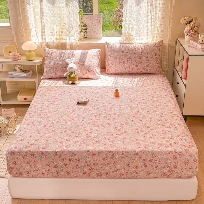 91家纺网 家纺一手货源 找家纺 丝芙妮家居 2026春夏新款皱皱棉双层纱泡芙棉床笠 床笠单件 花簇