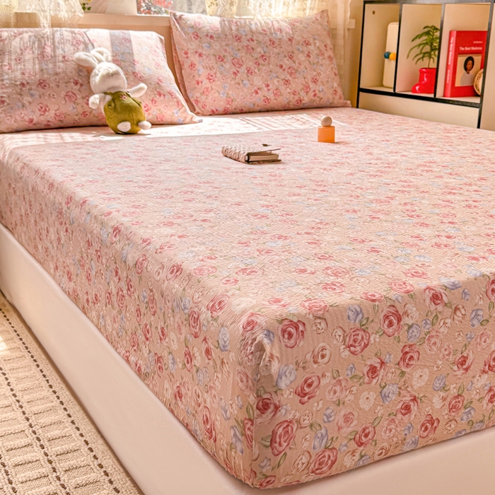 91家纺网 家纺一手货源 找家纺 丝芙妮家居 2026春夏新款皱皱棉双层纱泡芙棉床笠 床笠单件 花簇