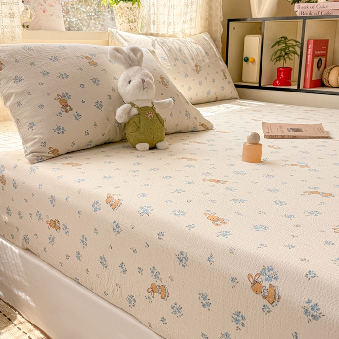 91家纺网 家纺一手货源 找家纺 丝芙妮家居 2026春夏新款皱皱棉双层纱泡芙棉床笠 床笠单件 牧歌