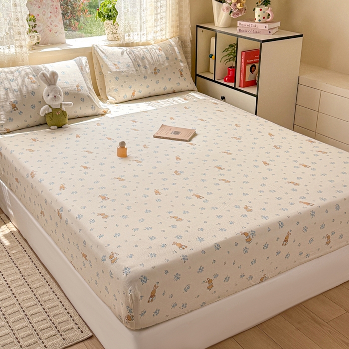 91家纺网 家纺一手货源 找家纺 丝芙妮家居 2026春夏新款皱皱棉双层纱泡芙棉床笠 床笠单件 牧歌