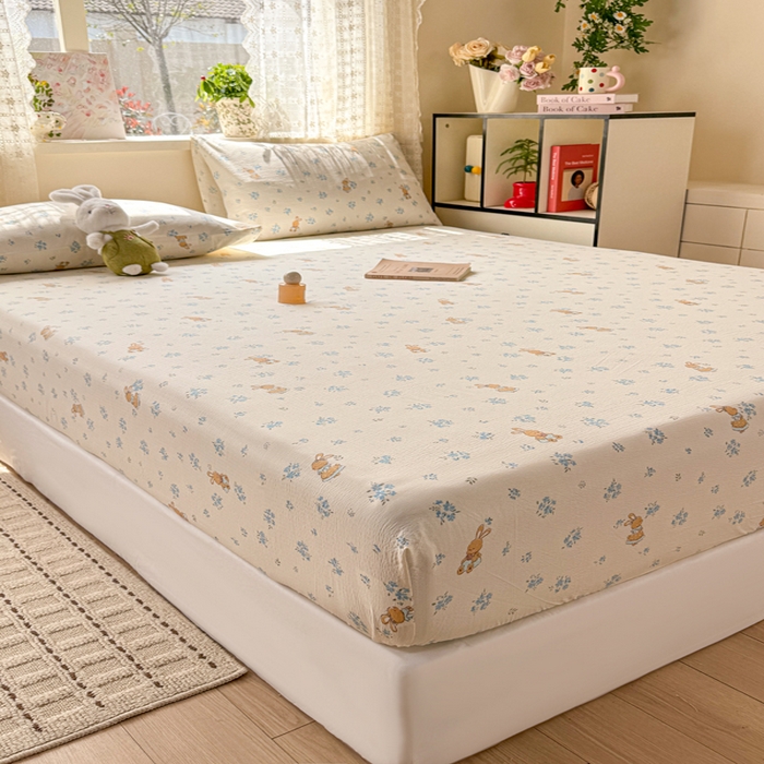 91家纺网 家纺一手货源 找家纺 丝芙妮家居 2026春夏新款皱皱棉双层纱泡芙棉床笠 床笠单件 牧歌