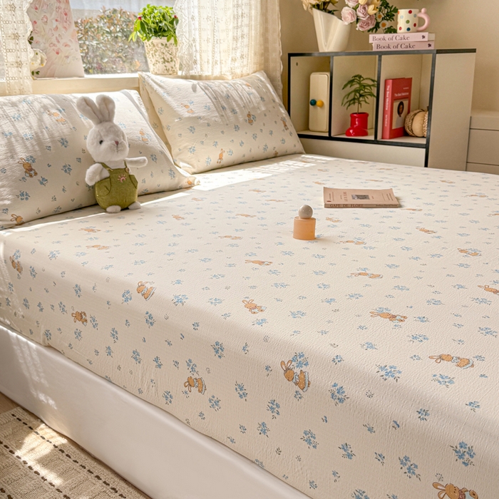 91家纺网 家纺一手货源 找家纺 丝芙妮家居 2026春夏新款皱皱棉双层纱泡芙棉床笠 床笠单件 牧歌