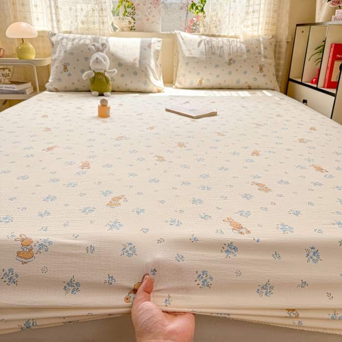 91家纺网 家纺一手货源 找家纺 丝芙妮家居 2026春夏新款皱皱棉双层纱泡芙棉床笠 床笠单件 牧歌