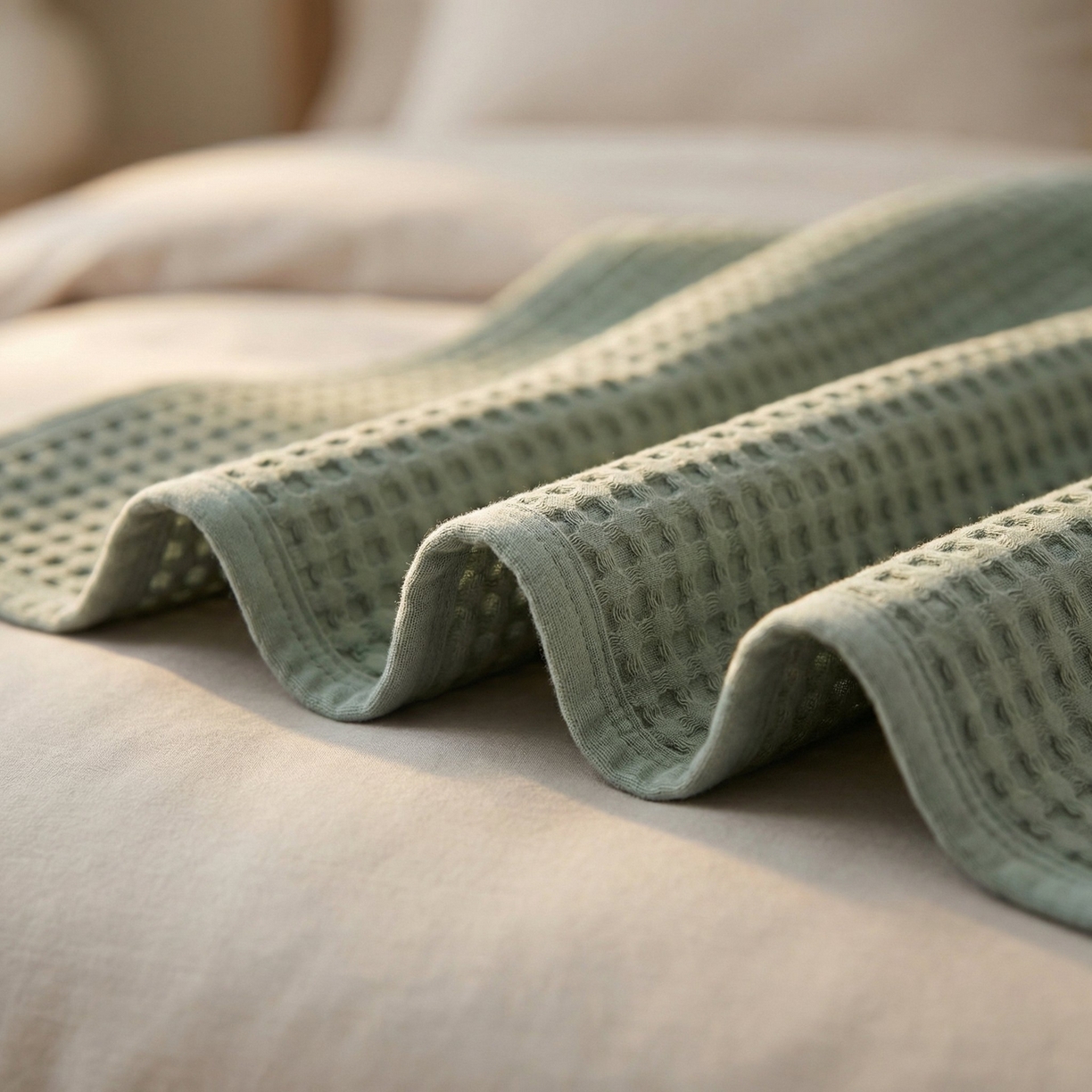 91家纺网 家纺一手货源 找家纺 七七家纺 2026新款全棉纯棉华夫格毛毯夏被毯子 雾松绿