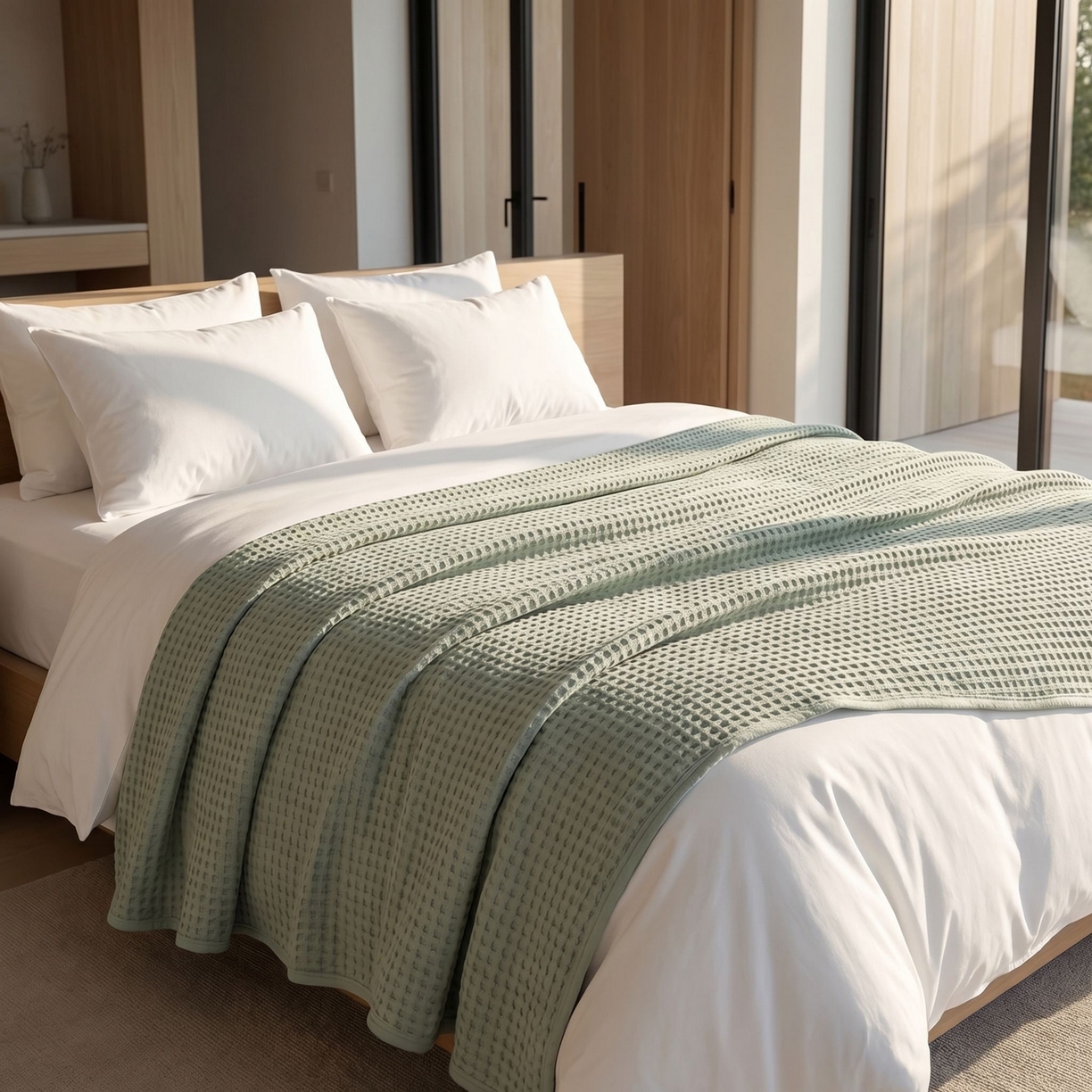 91家纺网 家纺一手货源 找家纺 七七家纺 2026新款全棉纯棉华夫格毛毯夏被毯子 雾松绿