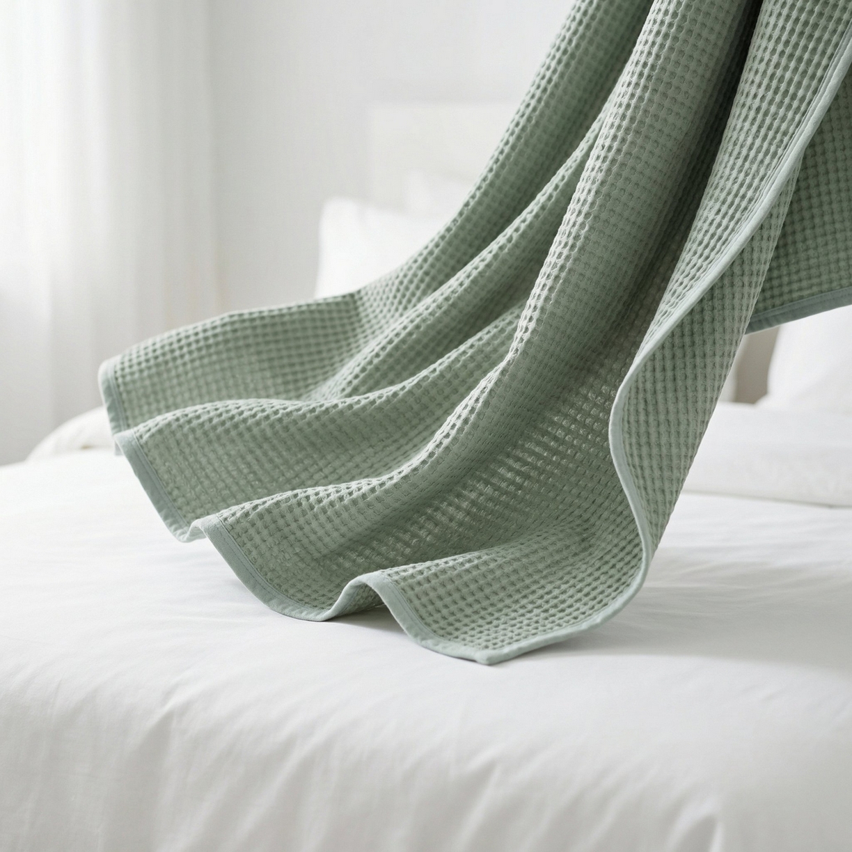 91家纺网 家纺一手货源 找家纺 七七家纺 2026新款全棉纯棉华夫格毛毯夏被毯子 雾松绿