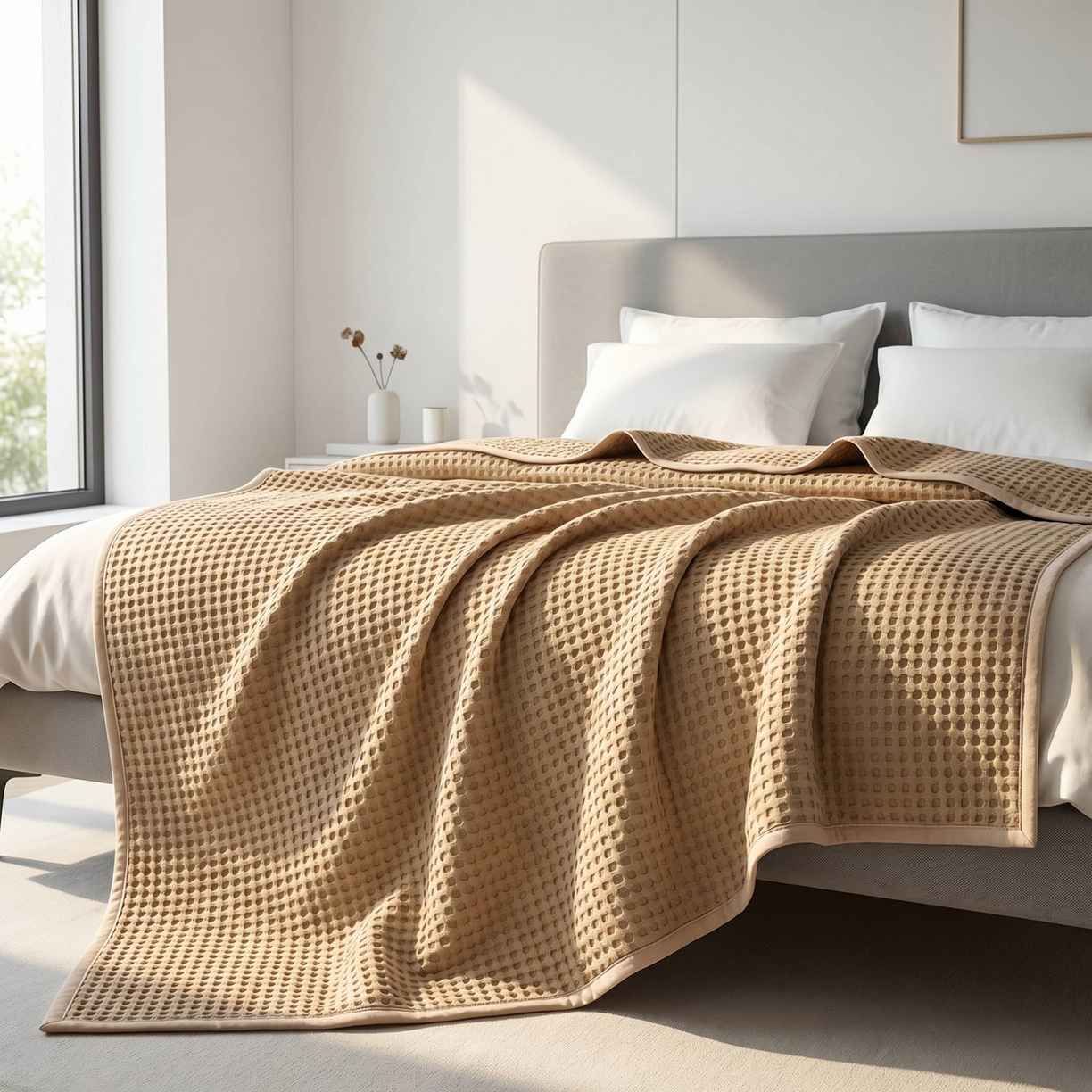 91家纺网 家纺一手货源 找家纺 七七家纺 2026新款全棉纯棉华夫格毛毯夏被毯子 松露咖