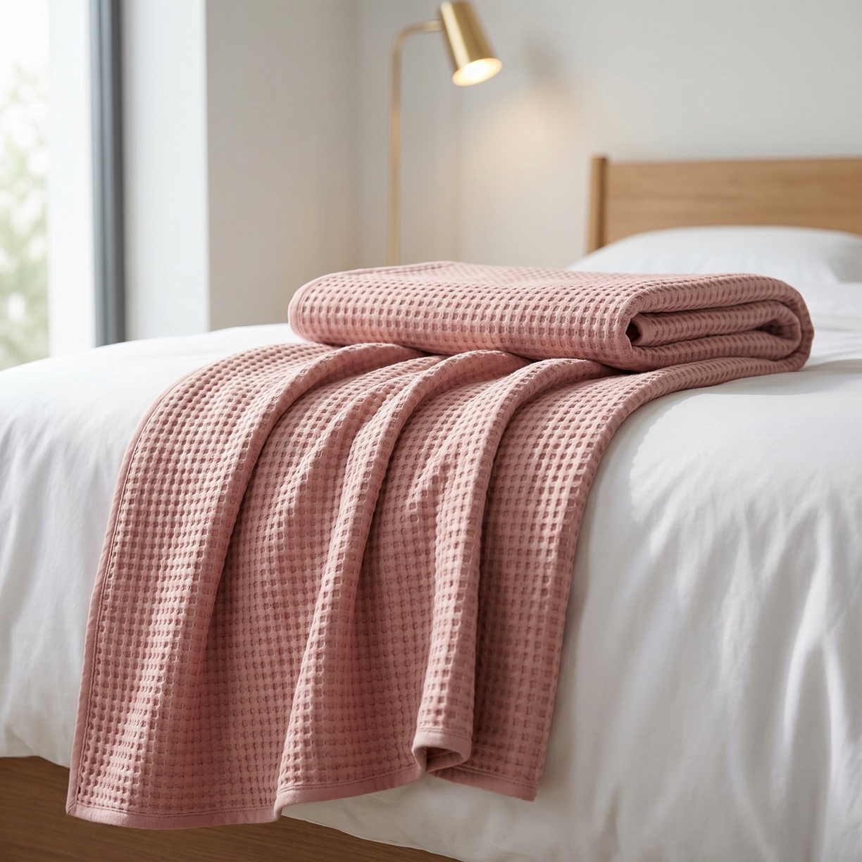 91家纺网 家纺一手货源 找家纺 七七家纺 2026新款全棉纯棉华夫格毛毯夏被毯子 樱雪粉