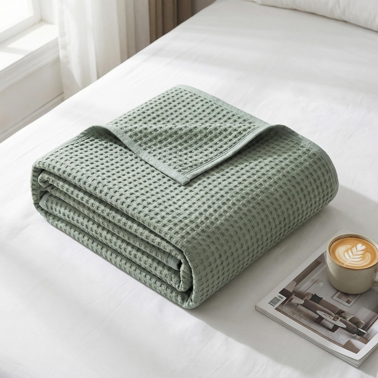 91家纺网 家纺一手货源 找家纺 七七家纺 2026新款全棉纯棉华夫格毛毯夏被毯子 雾松绿