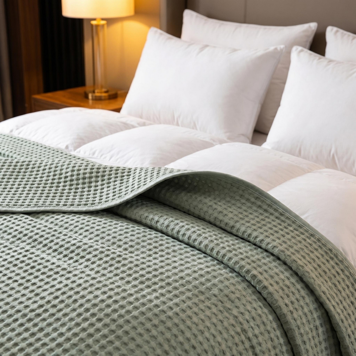 91家纺网 家纺一手货源 找家纺 七七家纺 2026新款全棉纯棉华夫格毛毯夏被毯子 雾松绿