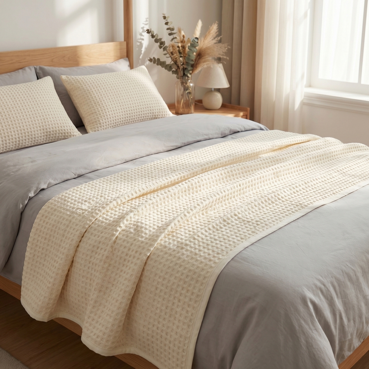 91家纺网 家纺一手货源 找家纺 七七家纺 2026新款全棉纯棉华夫格毛毯夏被毯子 月光白