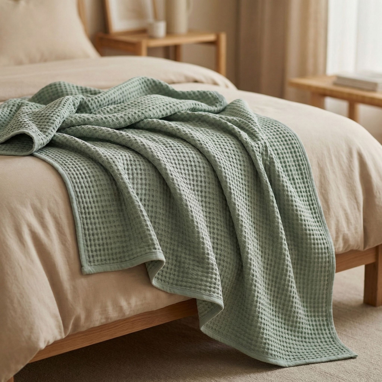 91家纺网 家纺一手货源 找家纺 七七家纺 2026新款全棉纯棉华夫格毛毯夏被毯子 雾松绿