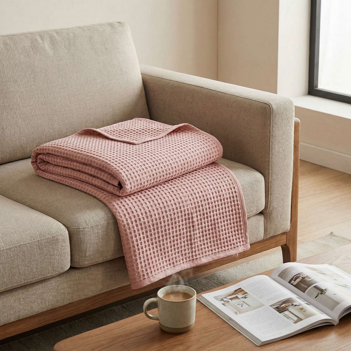 91家纺网 家纺一手货源 找家纺 七七家纺 2026新款全棉纯棉华夫格毛毯夏被毯子 樱雪粉