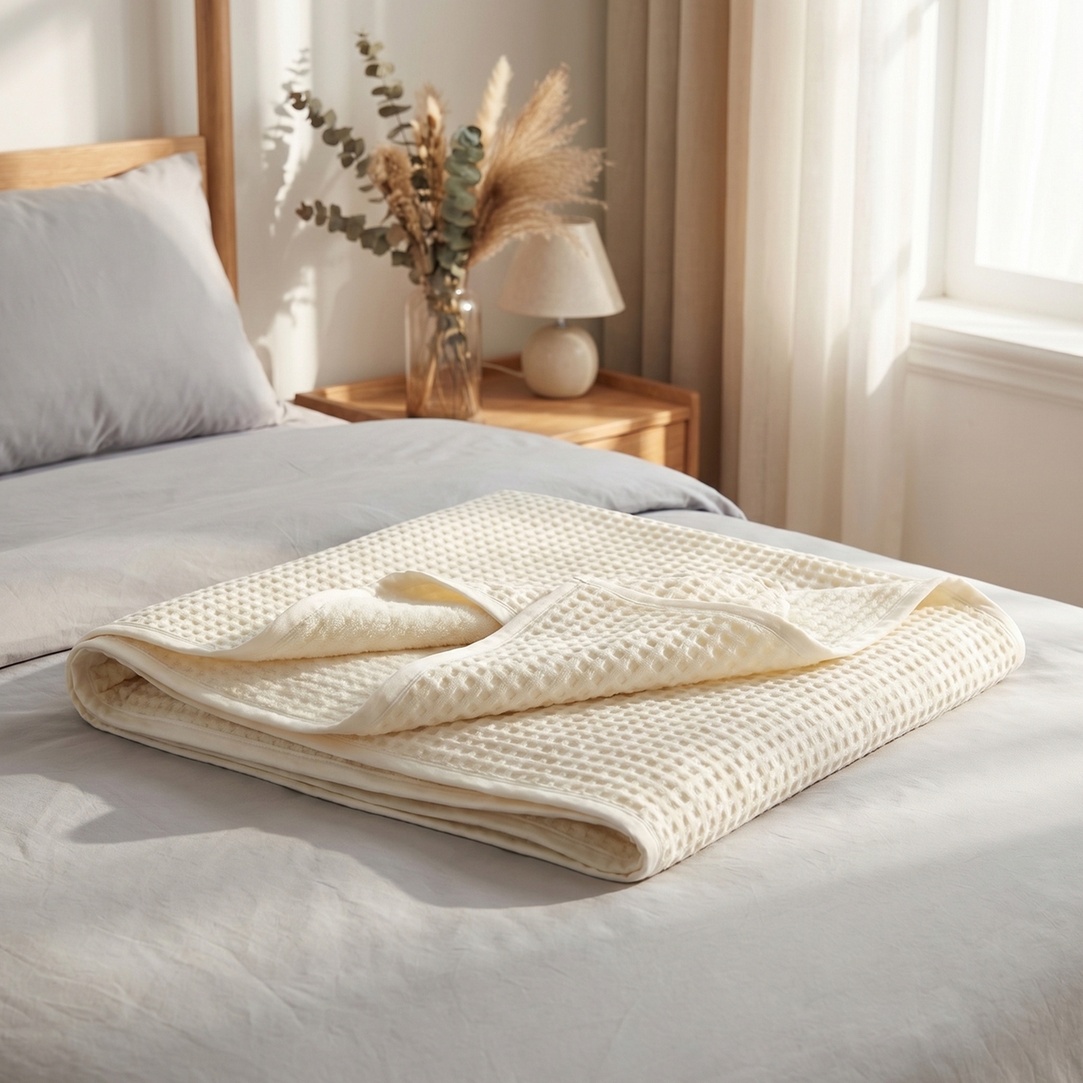 91家纺网 家纺一手货源 找家纺 七七家纺 2026新款全棉纯棉华夫格毛毯夏被毯子 月光白