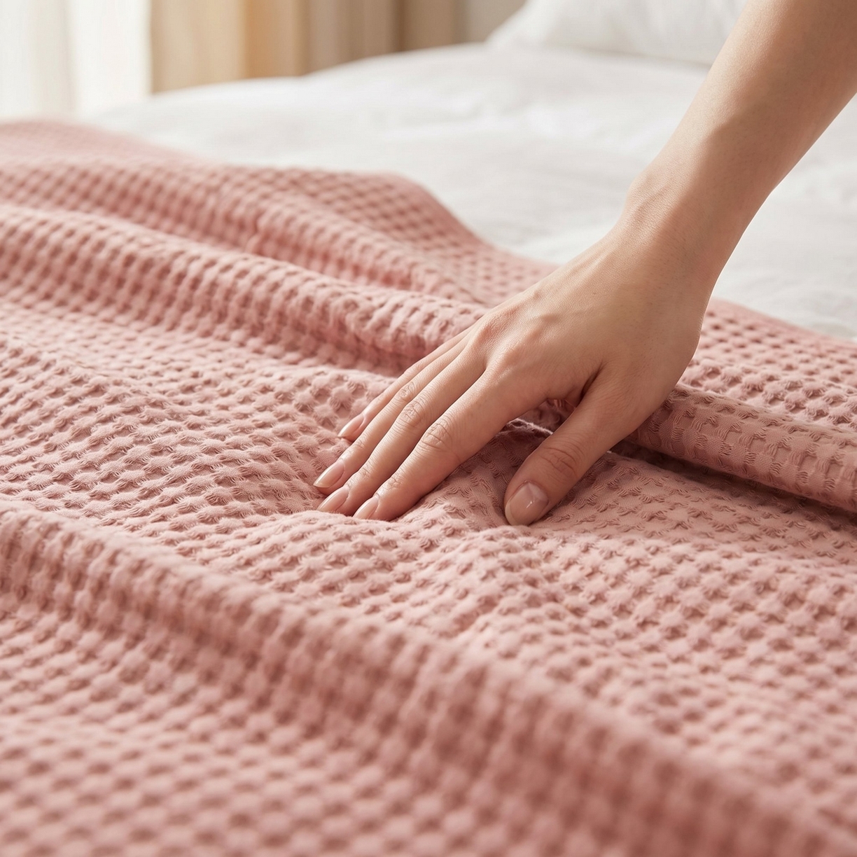 91家纺网 家纺一手货源 找家纺 七七家纺 2026新款全棉纯棉华夫格毛毯夏被毯子 樱雪粉