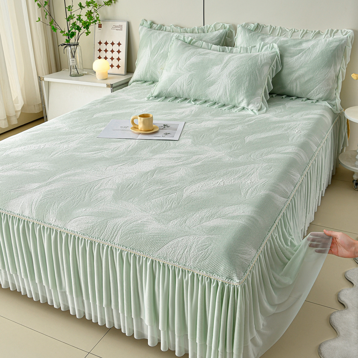 民新家纺 2026新款3D立体冰豆豆凉席席子床裙三件套 微风轻羽-绿