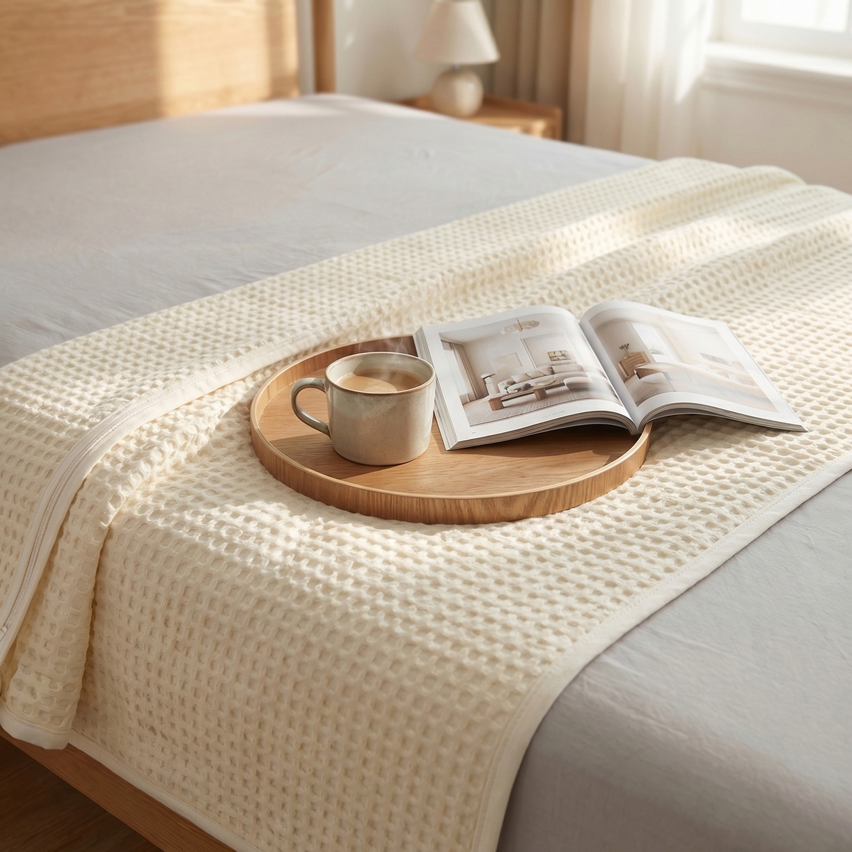 91家纺网 家纺一手货源 找家纺 七七家纺 2026新款全棉纯棉华夫格毛毯夏被毯子 月光白