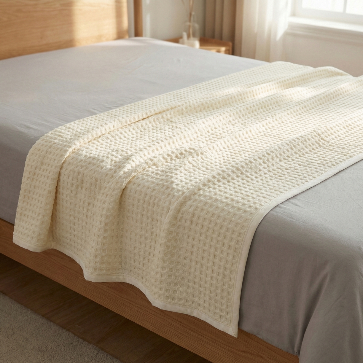 91家纺网 家纺一手货源 找家纺 七七家纺 2026新款全棉纯棉华夫格毛毯夏被毯子 月光白