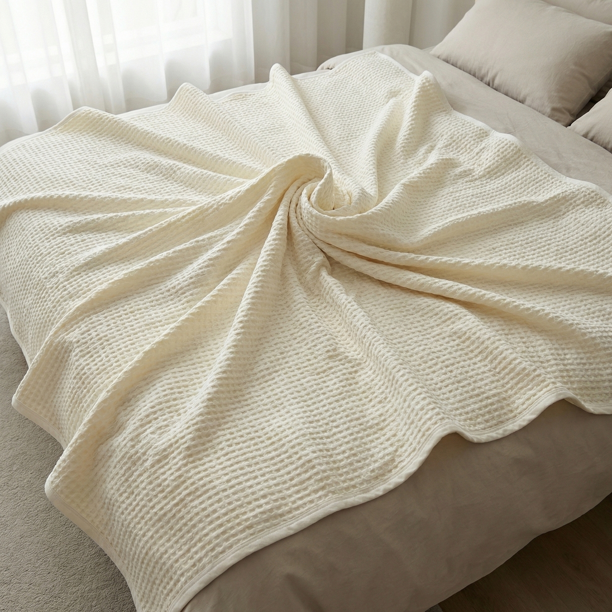 91家纺网 家纺一手货源 找家纺 七七家纺 2026新款全棉纯棉华夫格毛毯夏被毯子 月光白