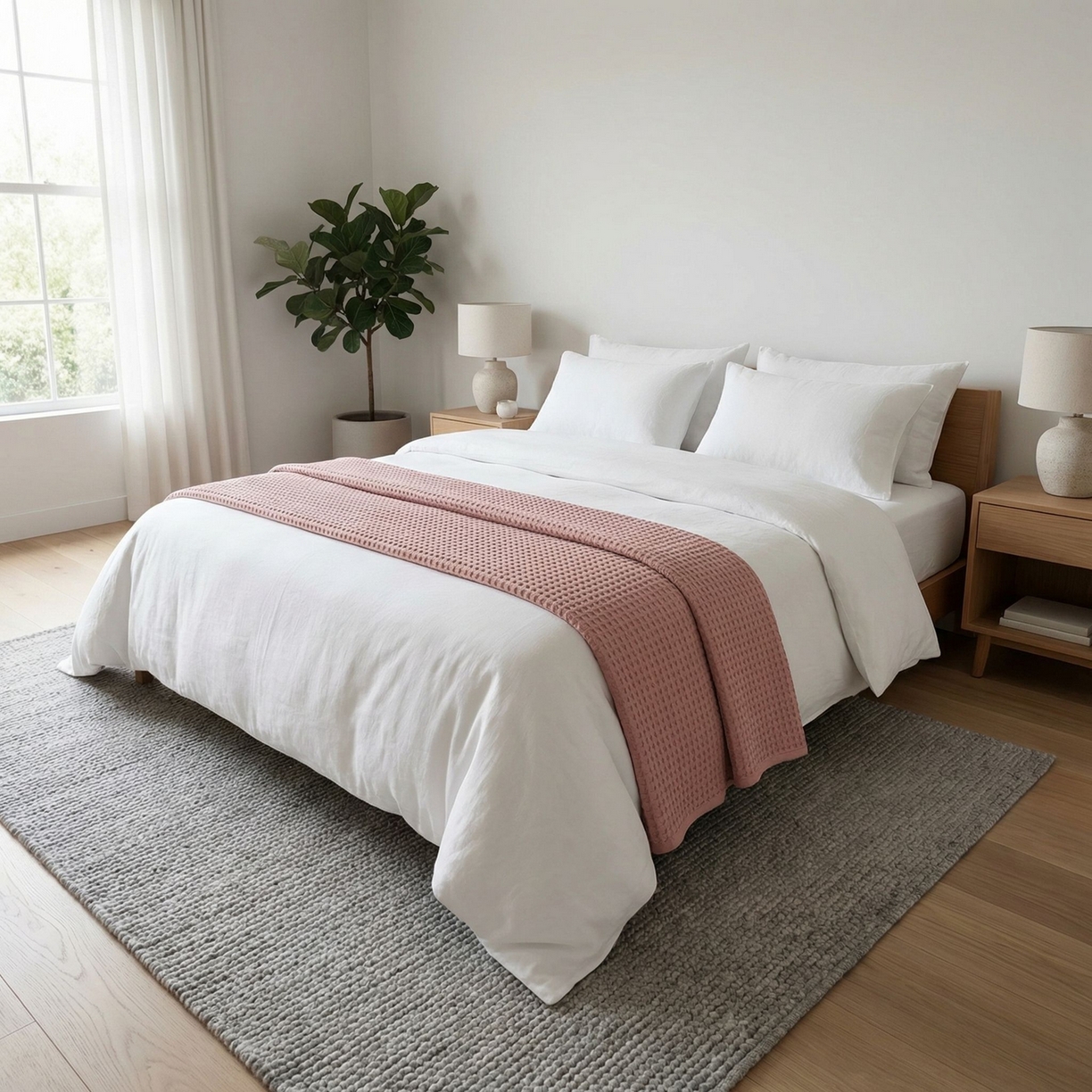 91家纺网 家纺一手货源 找家纺 七七家纺 2026新款全棉纯棉华夫格毛毯夏被毯子 樱雪粉