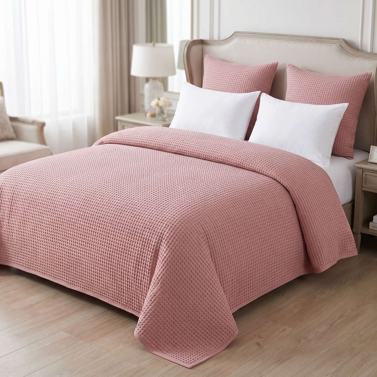 91家纺网 家纺一手货源 找家纺 七七家纺 2026新款全棉纯棉华夫格毛毯夏被毯子 樱雪粉