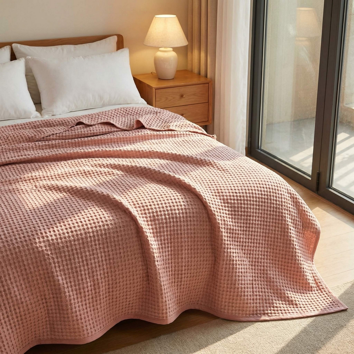 91家纺网 家纺一手货源 找家纺 七七家纺 2026新款全棉纯棉华夫格毛毯夏被毯子 樱雪粉