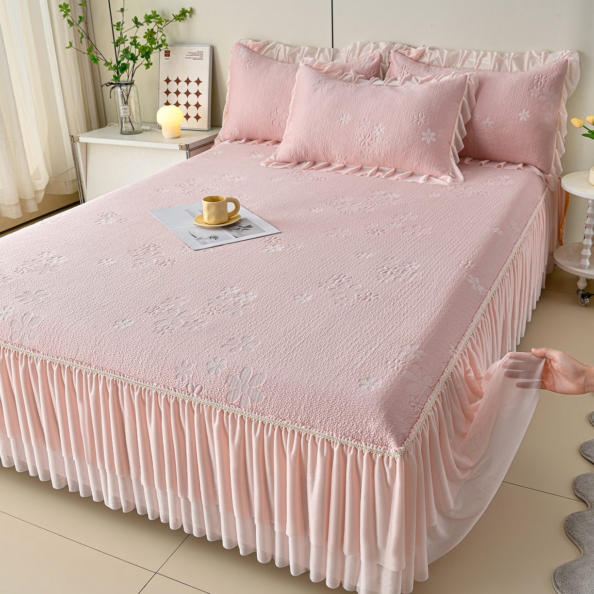 民新家纺 2026新款3D立体冰豆豆凉席席子床裙三件套 香漫-粉