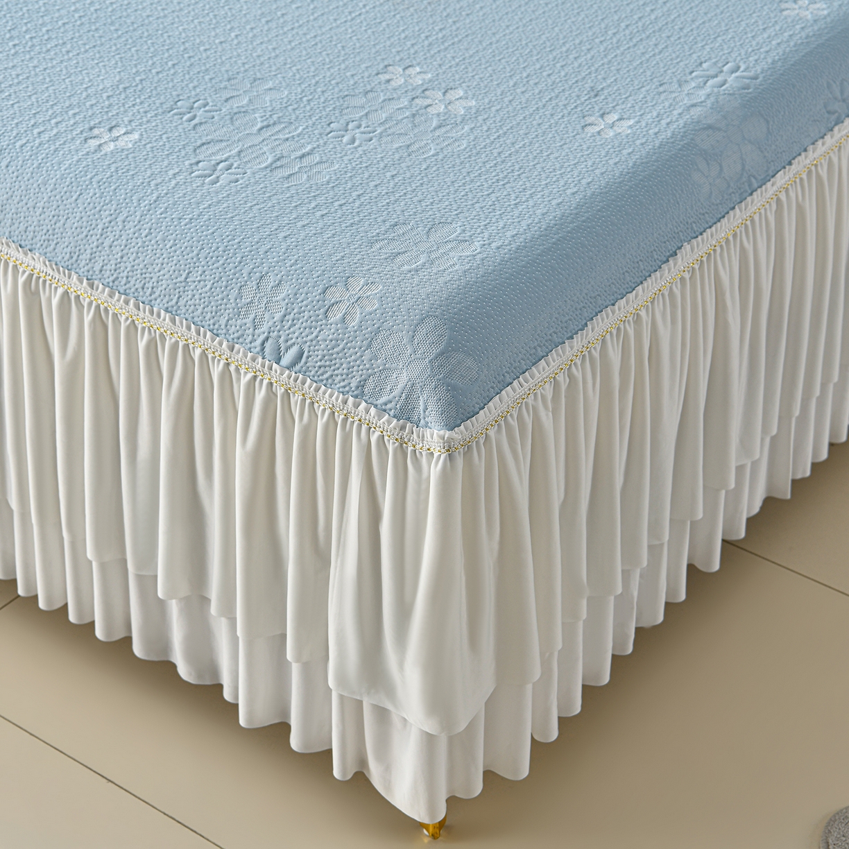 91家纺网 家纺一手货源 找家纺 民新家纺 2026新款3D立体冰豆豆凉席席子床裙三件套 香漫-蓝