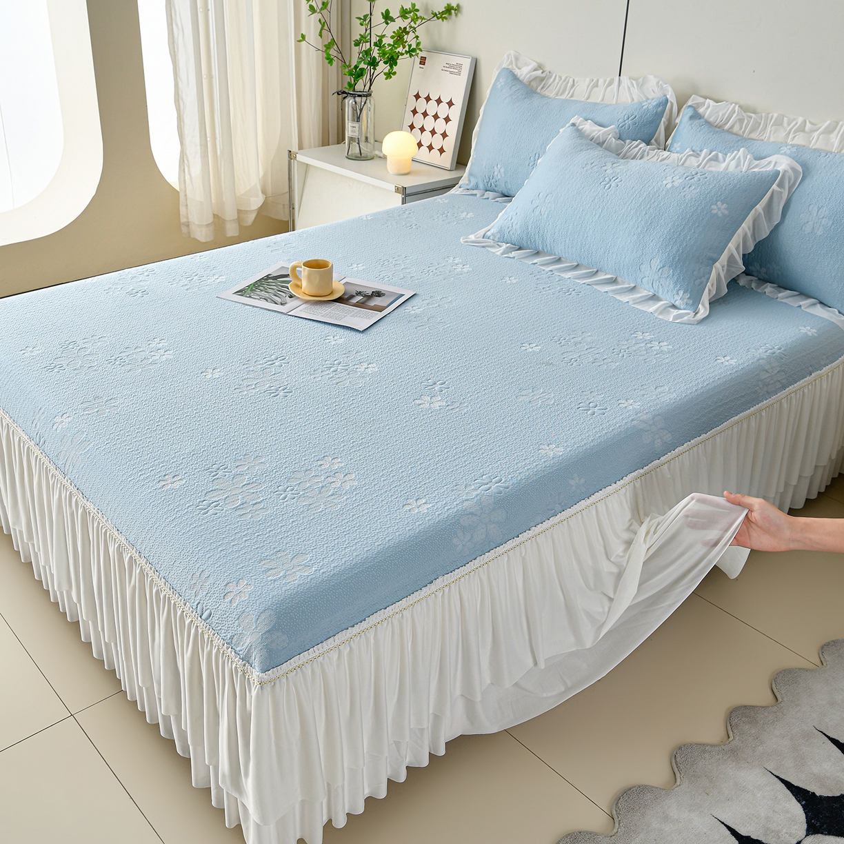 91家纺网 家纺一手货源 找家纺 民新家纺 2026新款3D立体冰豆豆凉席席子床裙三件套 香漫-蓝