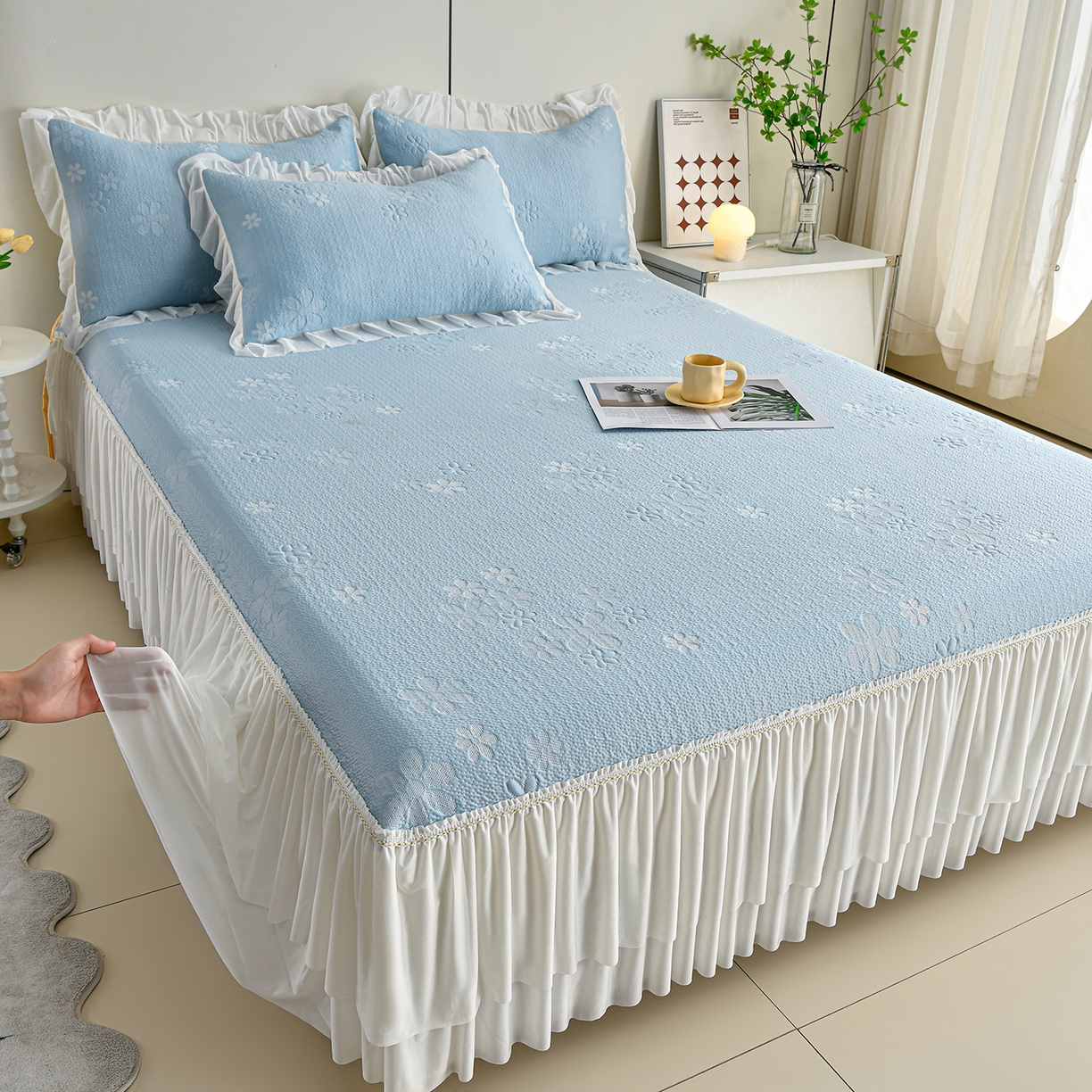 91家纺网 家纺一手货源 找家纺 民新家纺 2026新款3D立体冰豆豆凉席席子床裙三件套 香漫-蓝