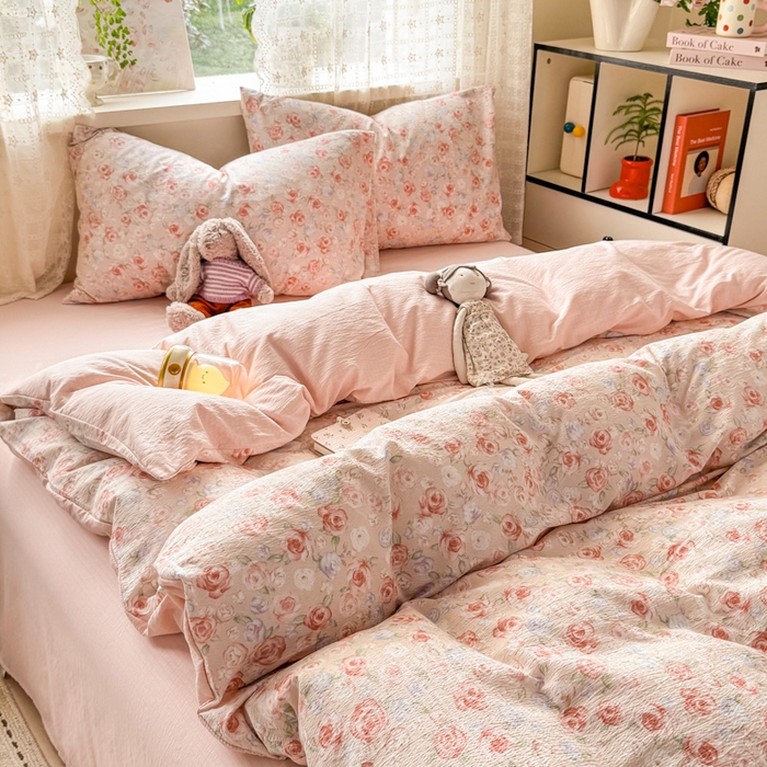 丝芙妮家居 2026春夏新款皱皱棉双层纱泡芙棉四件套 花簇