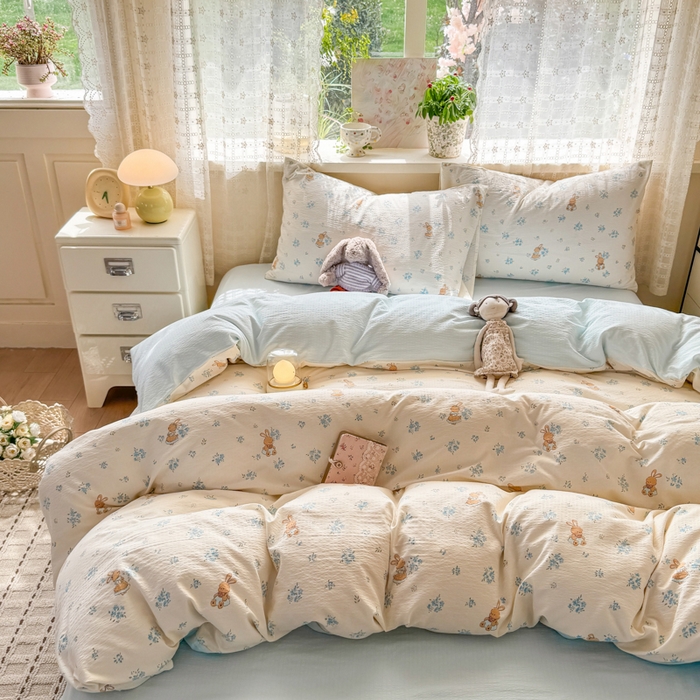 91家纺网 家纺一手货源 找家纺 丝芙妮家居 2026春夏新款皱皱棉双层纱泡芙棉四件套 牧歌