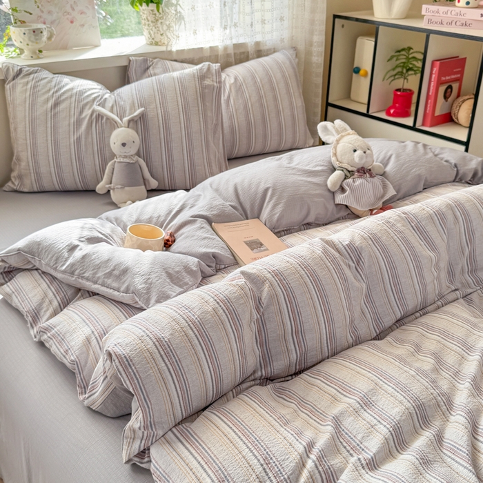 91家纺网 家纺一手货源 找家纺 丝芙妮家居 2026春夏新款皱皱棉双层纱泡芙棉四件套 晨光-灰