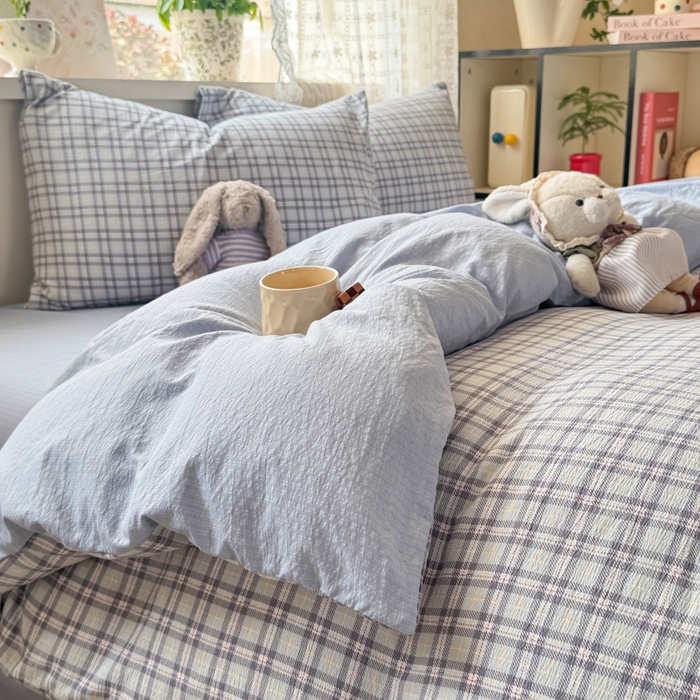 91家纺网 家纺一手货源 找家纺 丝芙妮家居 2026春夏新款皱皱棉双层纱泡芙棉四件套 怀旧-兰